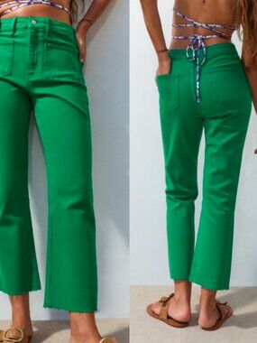 ZARA The Sailor Cropped Green Jeans Raw Hem Size 6 Flare Pants